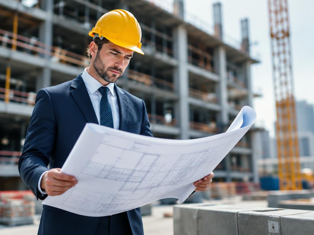 A financier in a yellow hard hat reviewing blueprints on a construction site