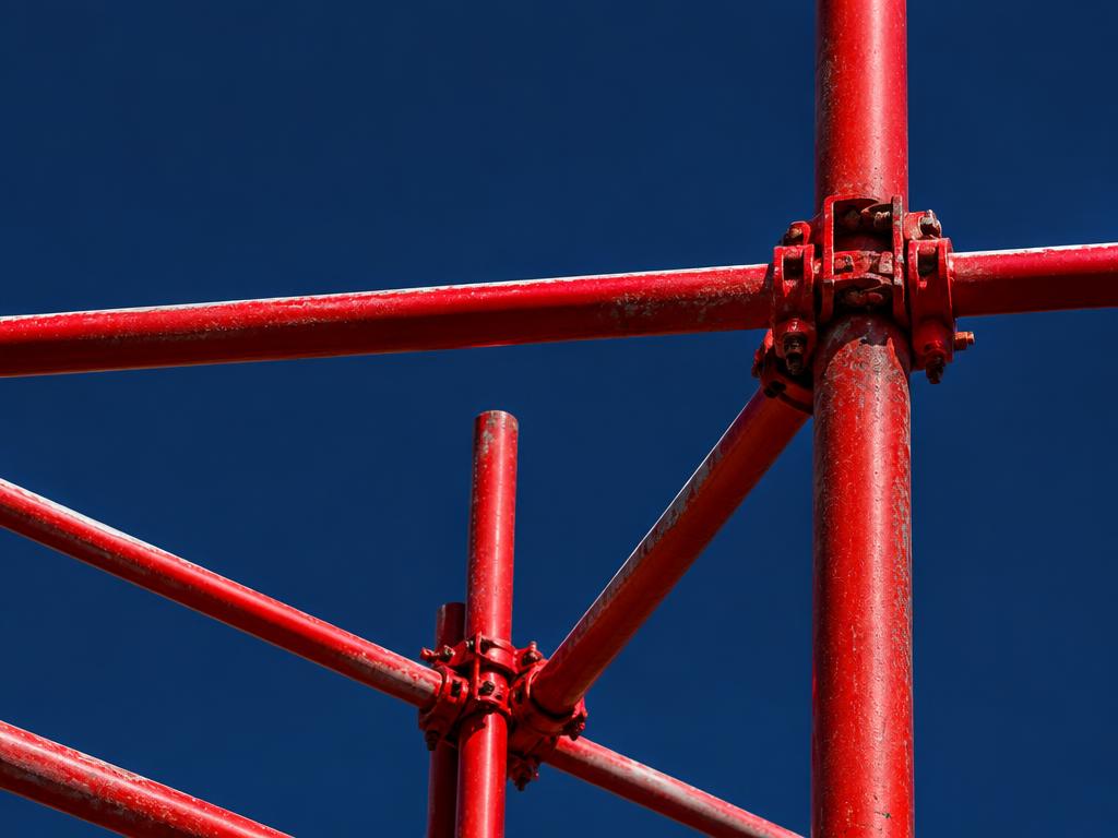 Red construction scaffolding against a navy sky
